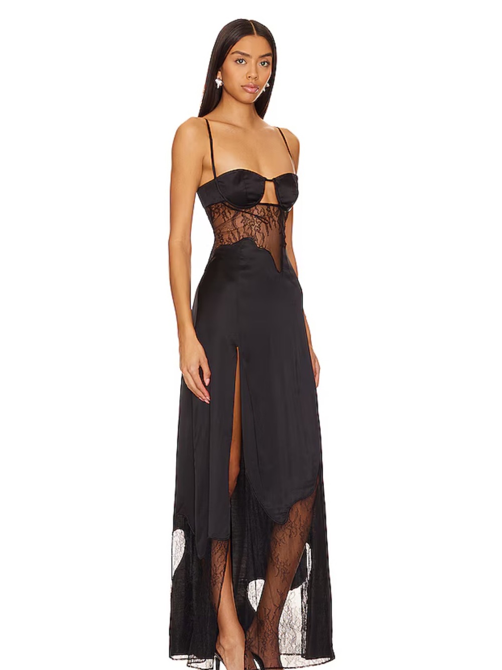 NBD Black Lace-Panel Satin Slip Dress